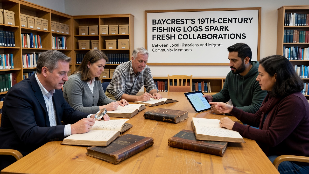 Researchers reviewing scanned pages from Baycrest fishing logs during a collaborative workshop session